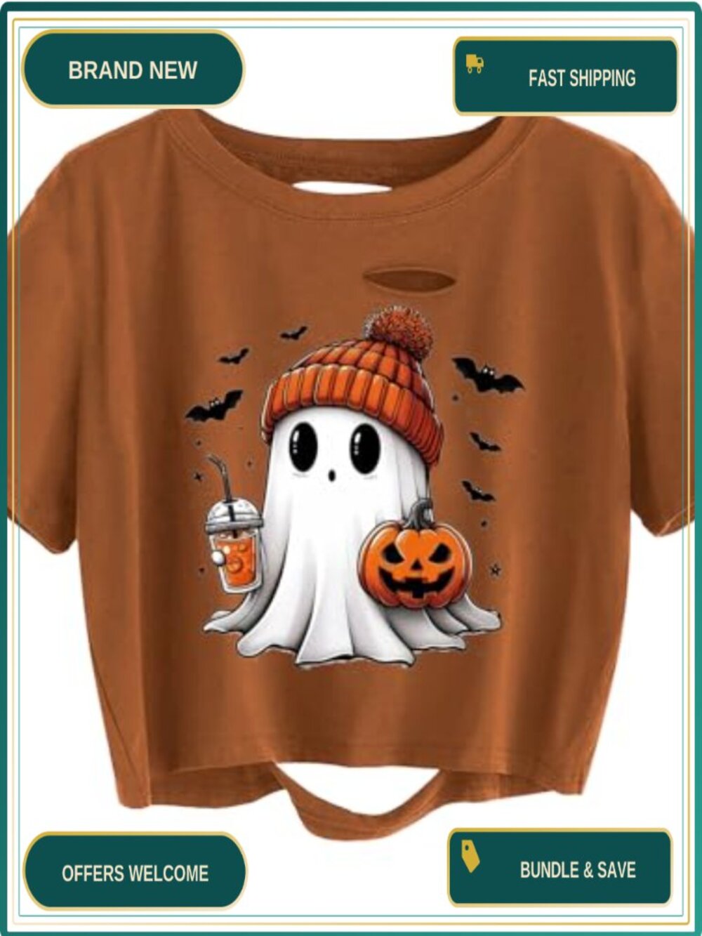 Women's Halloween Ghost Crop Tee Distressed Graphic F